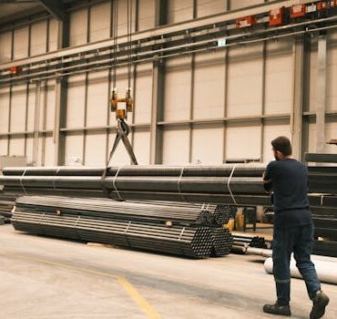 Steel pipes being maneuvered in an industrial facility by a worker using a crane.